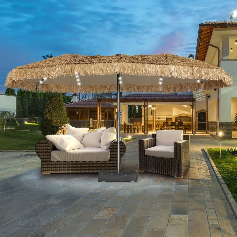 

15 Ft Tiki Patio Umbrella Outdoor With A Heavy-Duty Cross Base And Weighted Sandbags With 48 LED Lights And 12 Sturdy Ribs,