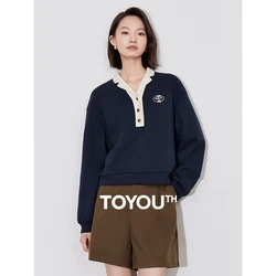 TOYOUTH Women Hoodies Sweatshirt 2024 Autumn New Revers Collar Casual Sports Style Pullover Tops