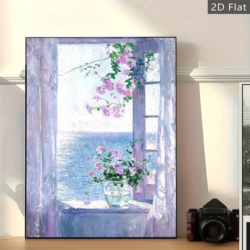 (No frame)2D Flat, 2D Flat Frameless Canvas Painting, Depicting a Gentle Deer in a Floral Seascape, 2D Flat