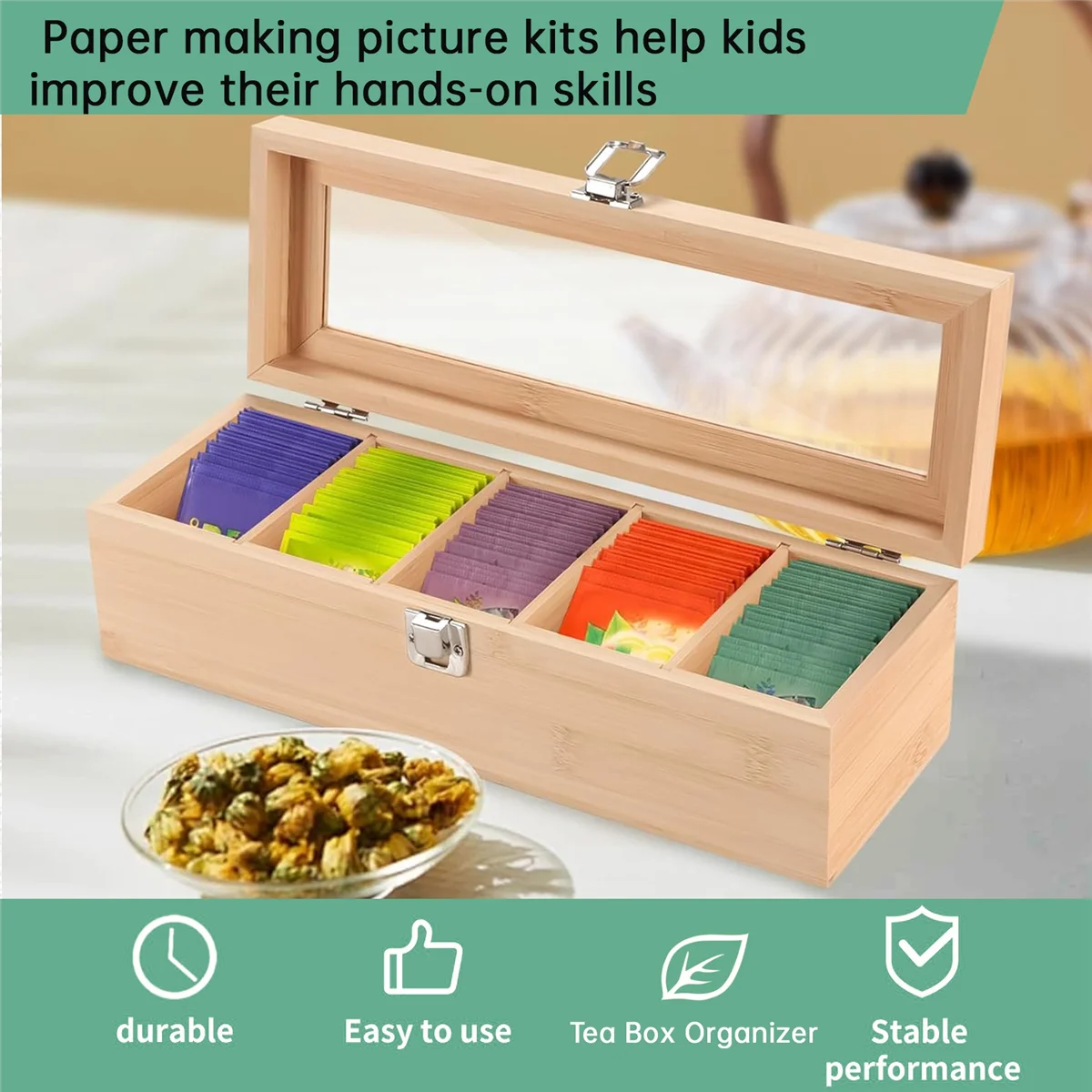 X11AA متعددة الوظائف الخيزران نظام الشاي كيس مجوهرات المنظم صندوق تخزين 5 مقصورات صندوق الشاي المنظم حاوية السكر #3