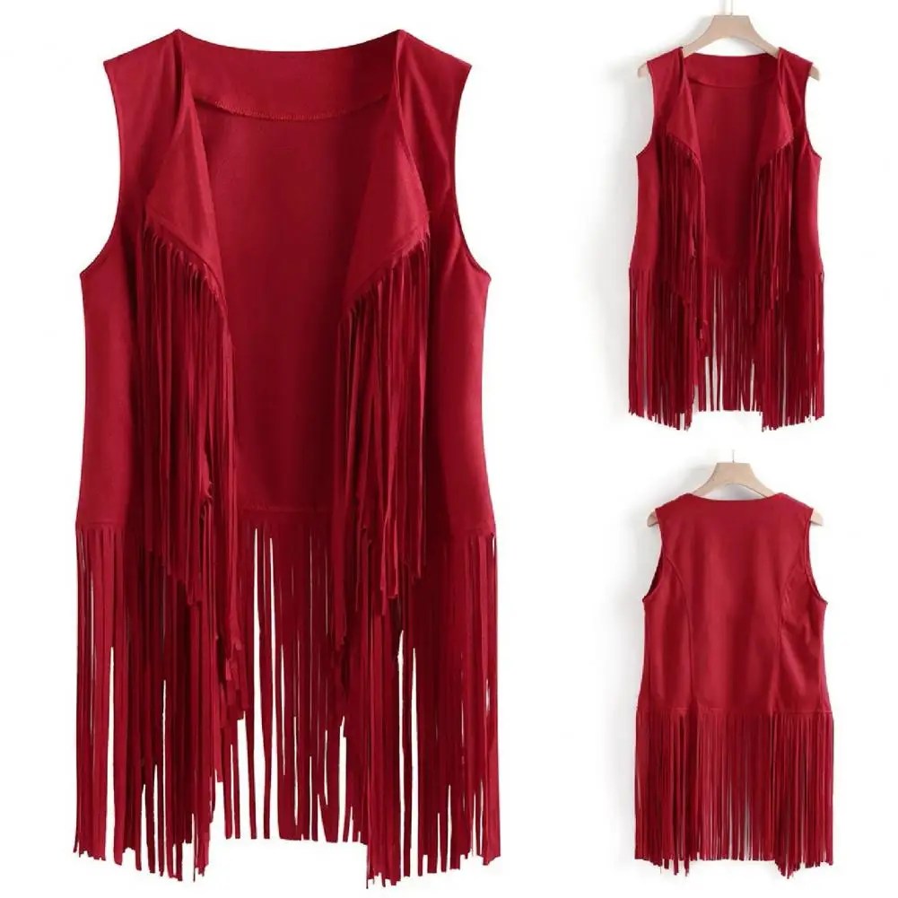 Women Waistcoat Lapel Sleeveless Fringe Decor Vest Jacket Solid Color Open Front Hip Hop Style Concerts Cosplay Waistcoat