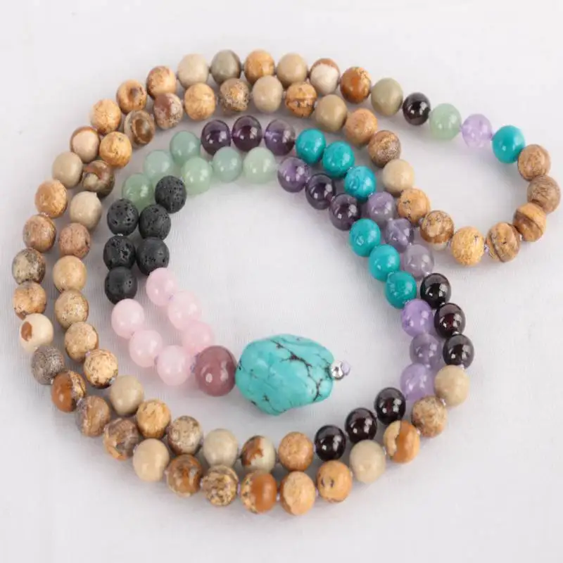 

Natural 7 Chakra Mixed Gemstone 108 Beads Mala Necklace with Turquoise Pendant Spiritual Jewelry