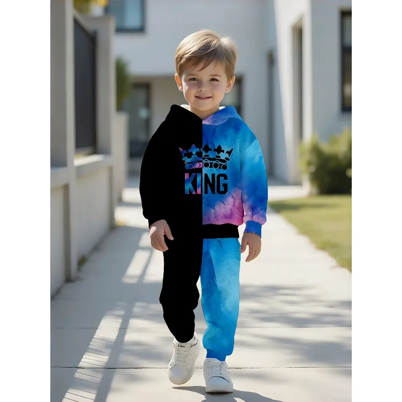 Unisex Toddler Hooded Jogger 2Pcs Tracksuit, Tie-dye KING, Line Paris, Dino, No.7 Soccer, Spider Web, Lion Kids Outfit