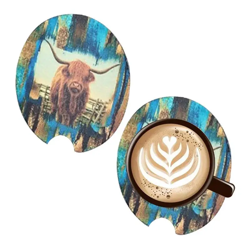 Car Coasters For Cup Holders 2PCS Drink Absorbing Insulation Highland Cow Vehicle Cup Mats Auto Universal Anti Slip Coaster