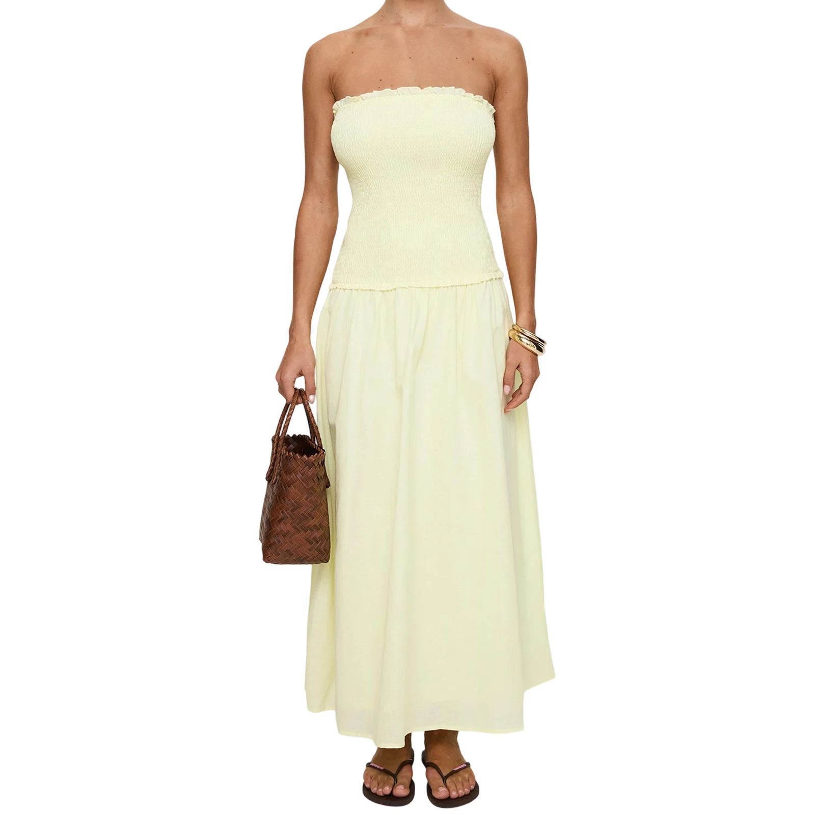 Women's Strapless Dress Stylish Solid Color Patchwork Ruffled Trim Smocked A Line Tube Long Dress for Spring