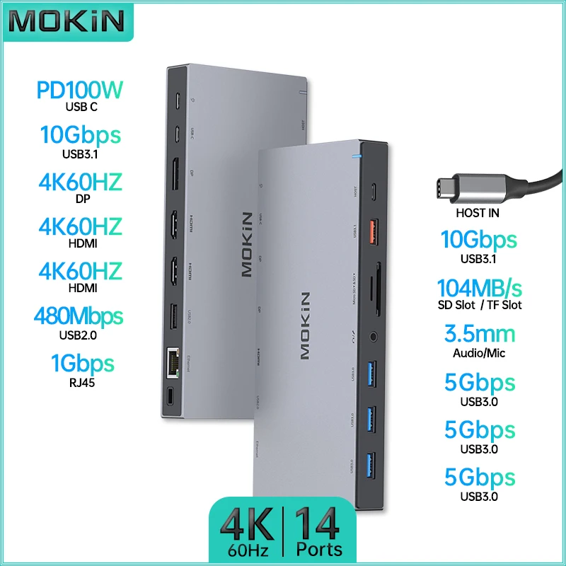 MOKiN 14 in 1 Docking Station for MacBook Air/Pro, iPad, Thunderbolt Laptop - USB2.0, HDMI 4K60Hz, PD 100W, RJ45 1Gbps, Audio