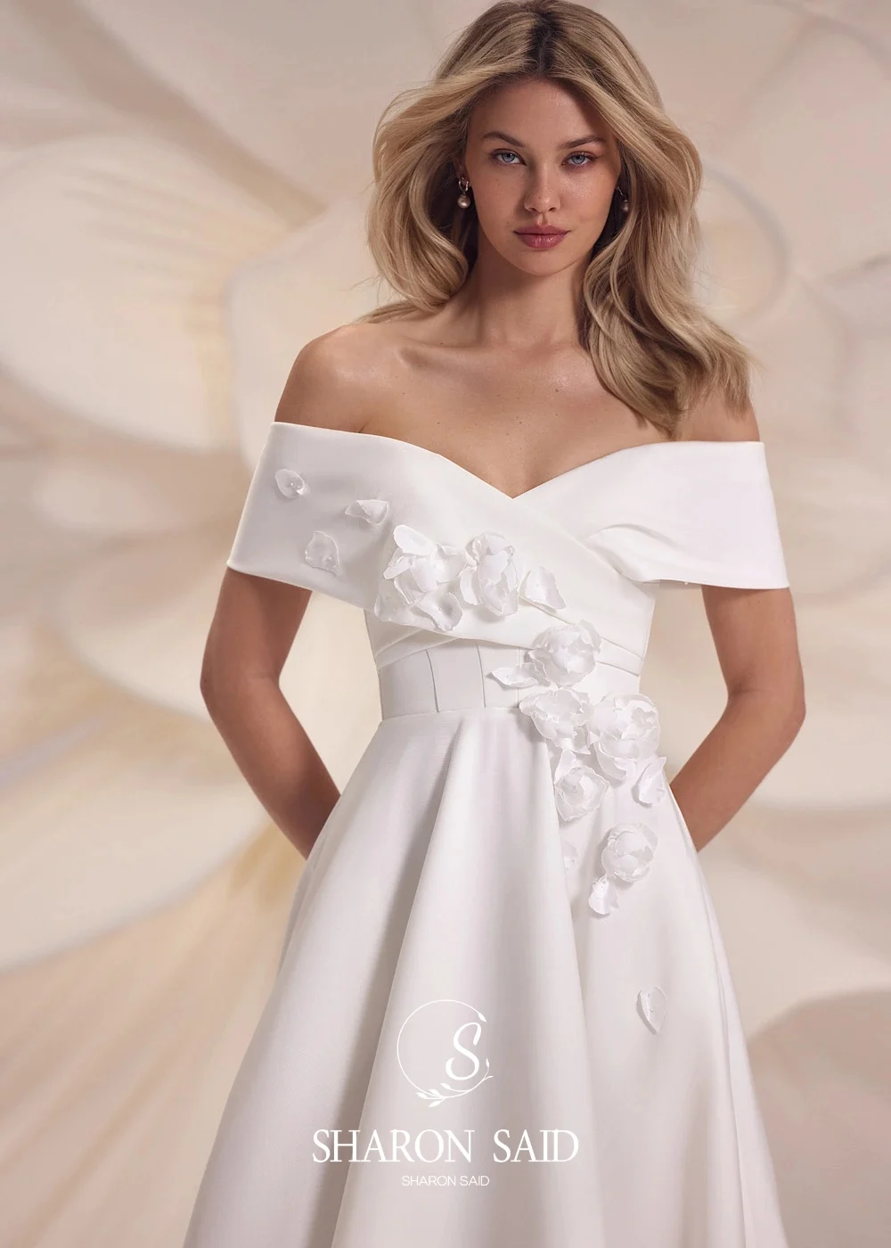 Шарон Саид романтическое атласное белое свадебное платье трапециевидной формы с 3D цветами 2025, платье невесты с открытыми плечами и сердечками, SW251, по индивидуальному заказу
