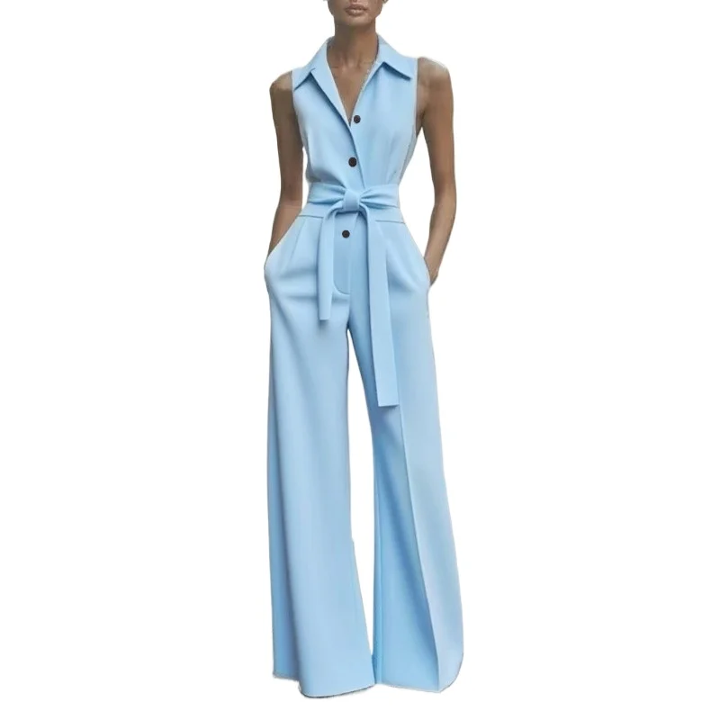 

2026 European and American Foreign Trade Women's Fashion Shirt Collar Solid Color Wide-leg Temperament Commuting Office Jumpsuit