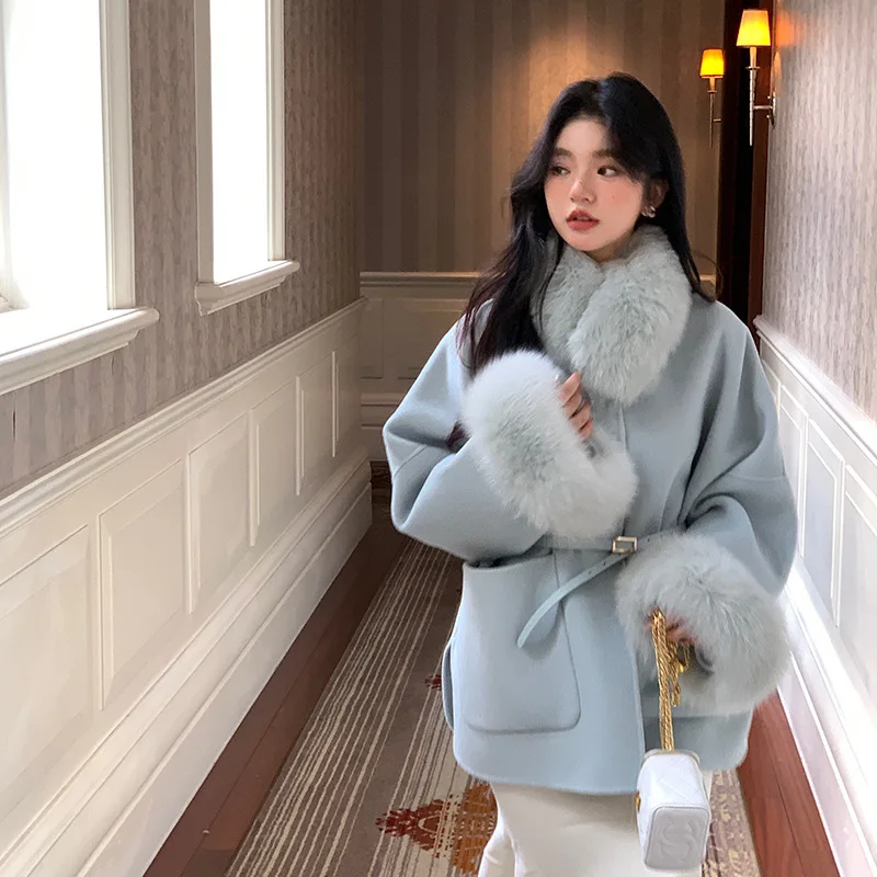 24 autumn/winter new ice and snow elf fox fur collar double-sided woolen coat for small double-sided cashmere coat for