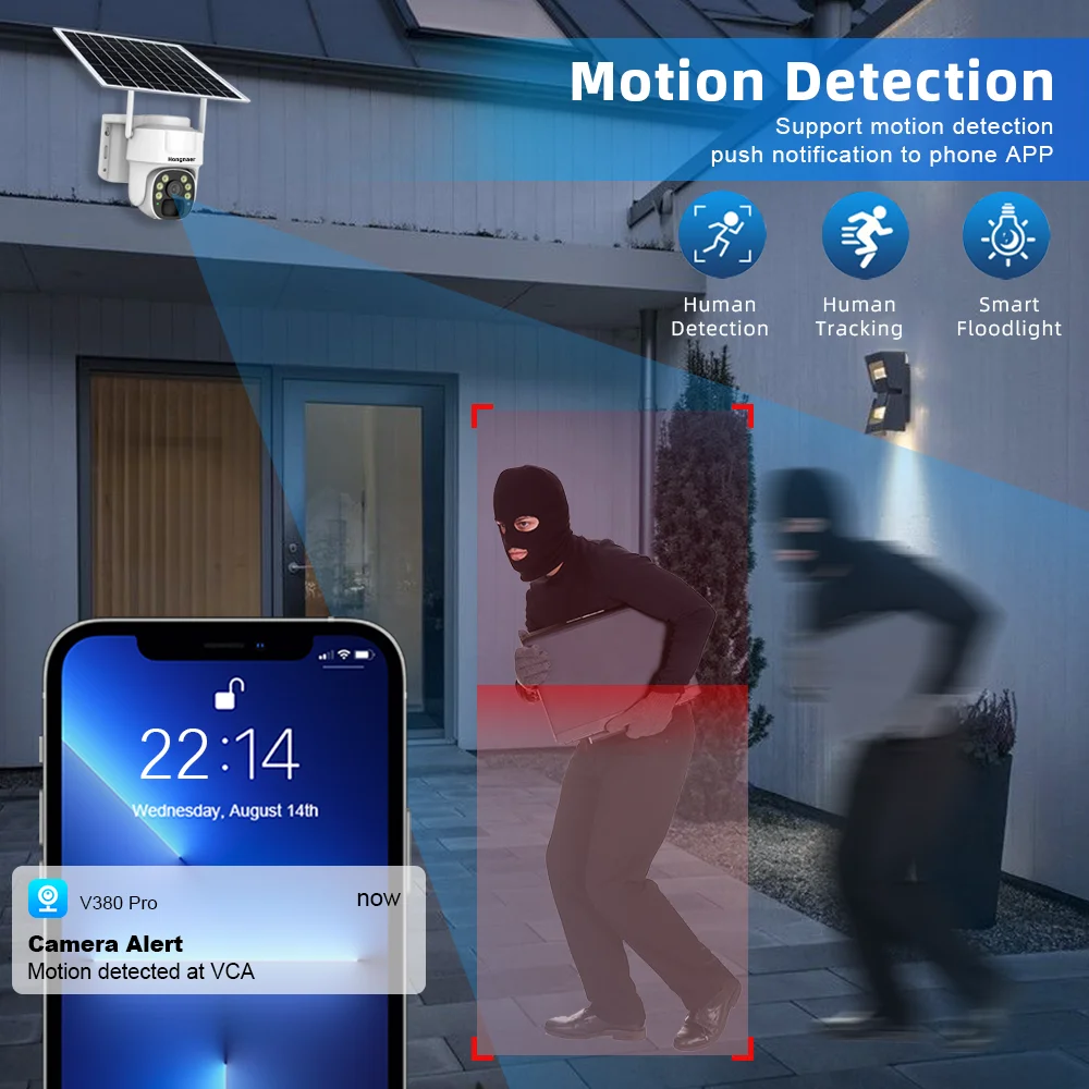 Hongnaer 5MP V380 Pro Monitor Smart Home Wireless WiFi Solar Energy Panel Powered PTZ CCTV Outdoor Security CCTV Solar Camera