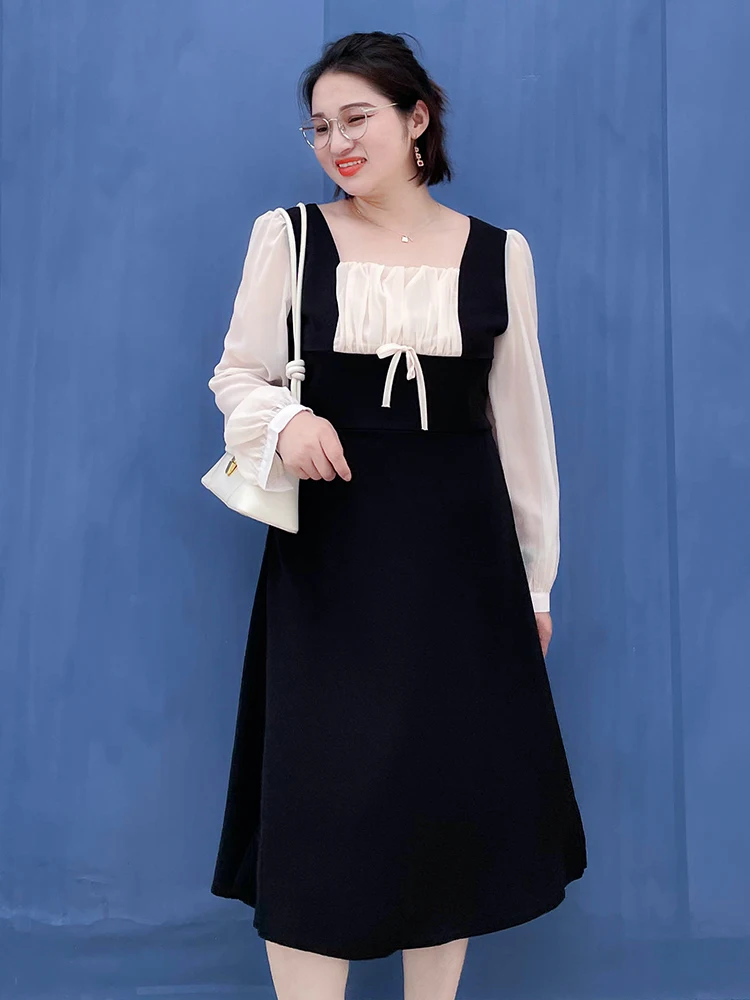 

Spring Hebe Sle plus Size Dr Ele Faionable Slimming High Waist A-Line Skirt Long Sve Zipper Closure Knot