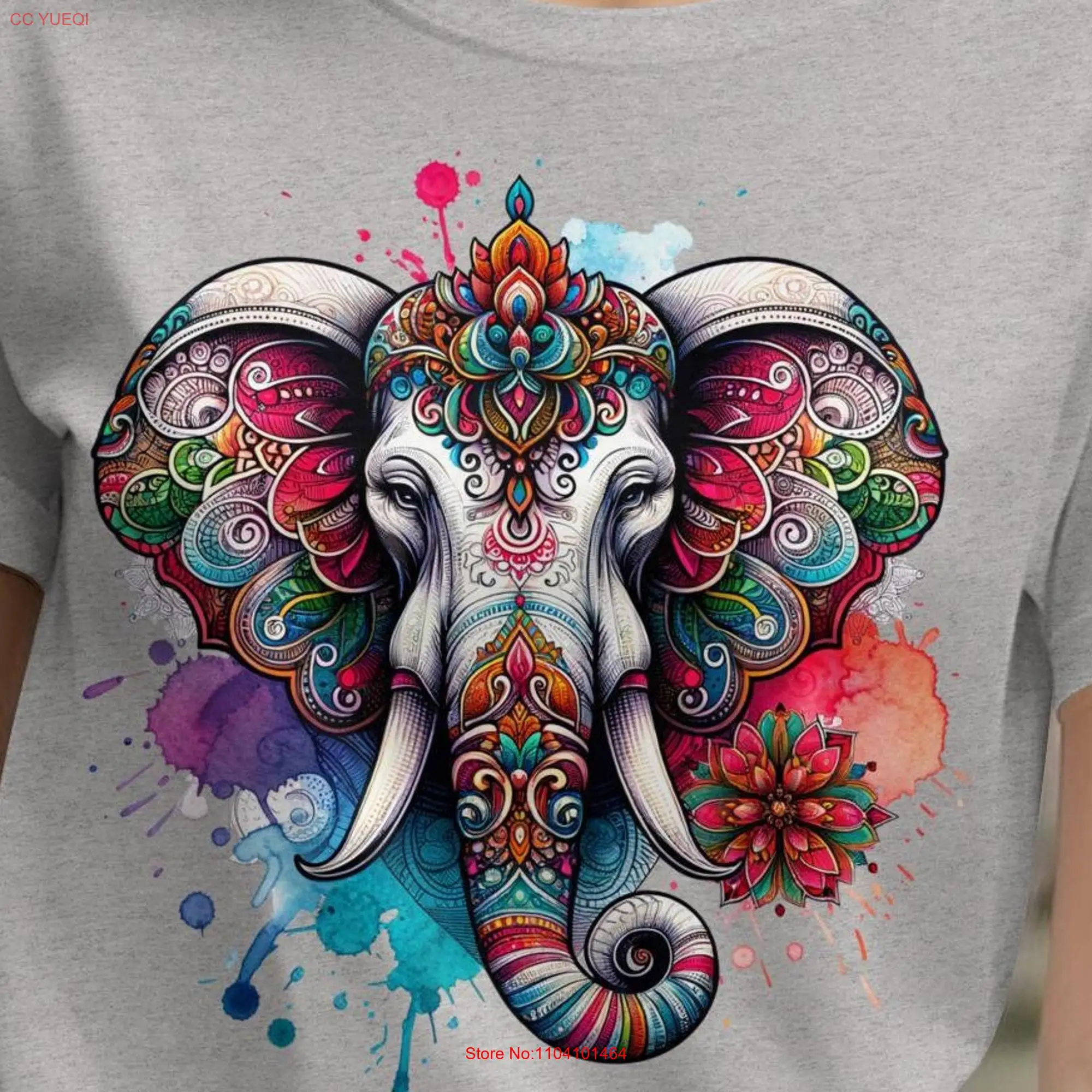 Decorated Watercolour ElephanT T Shirt Head Lover Mandala long or short sleeves