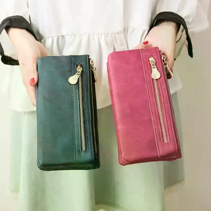 /HTF/Women's Long Wallet Large Capacity Double Fold Multi Card Slot Wallet Fashion Multi-functional Double Zipper Handbag Retro