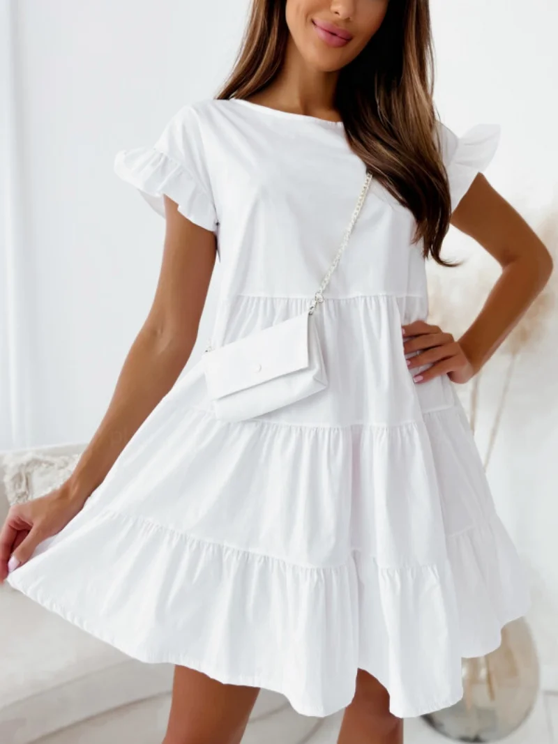 Moda damska letnia jednokolorowa sukienka trapezowa patchworkowy wzór O-Neck Flare z krótkim rękawem luźna talia swetry Mini sukienka — zdjęcie 4