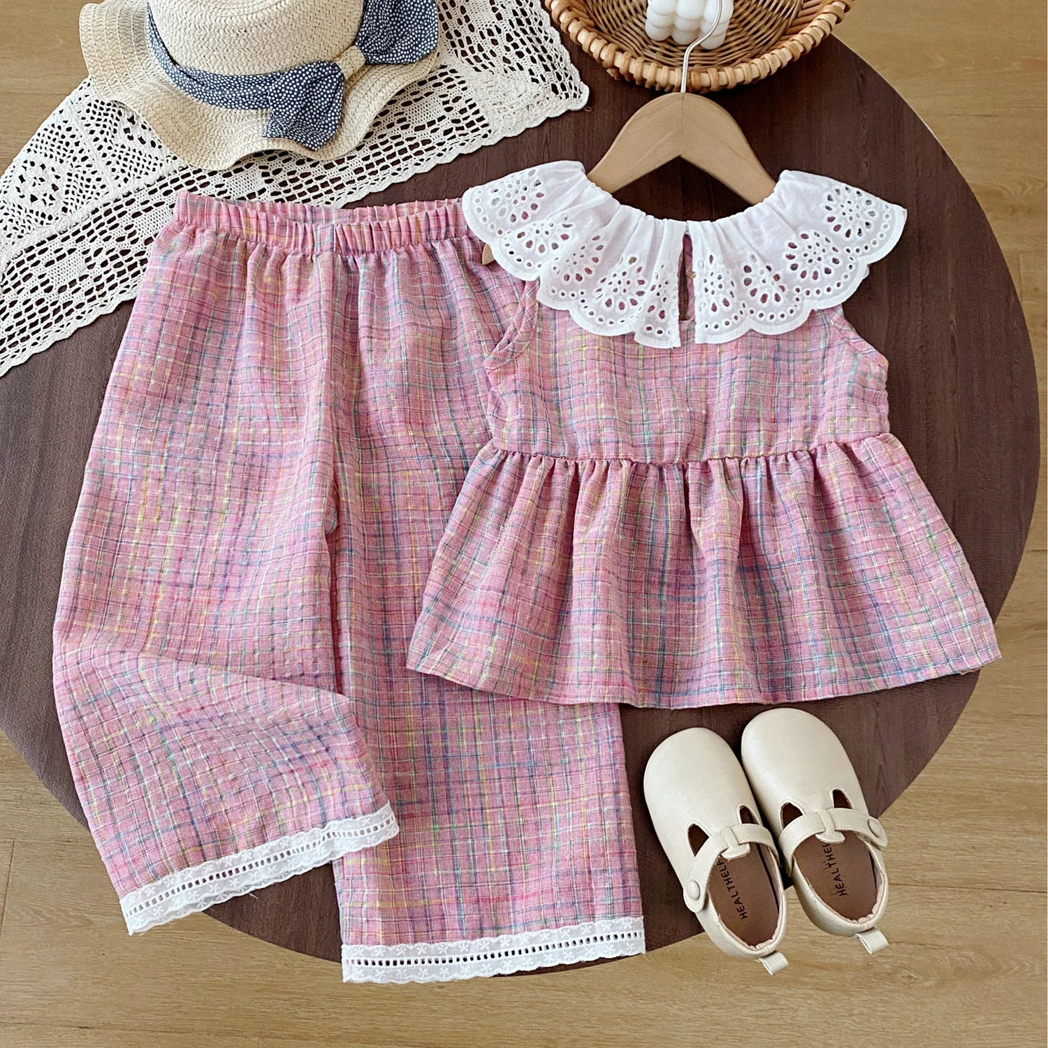 Summer Girl's Set Cute Lace Collar Plaid Vest Wide Leg Pants 2-piece Set Daily Sweet Children's Clothing