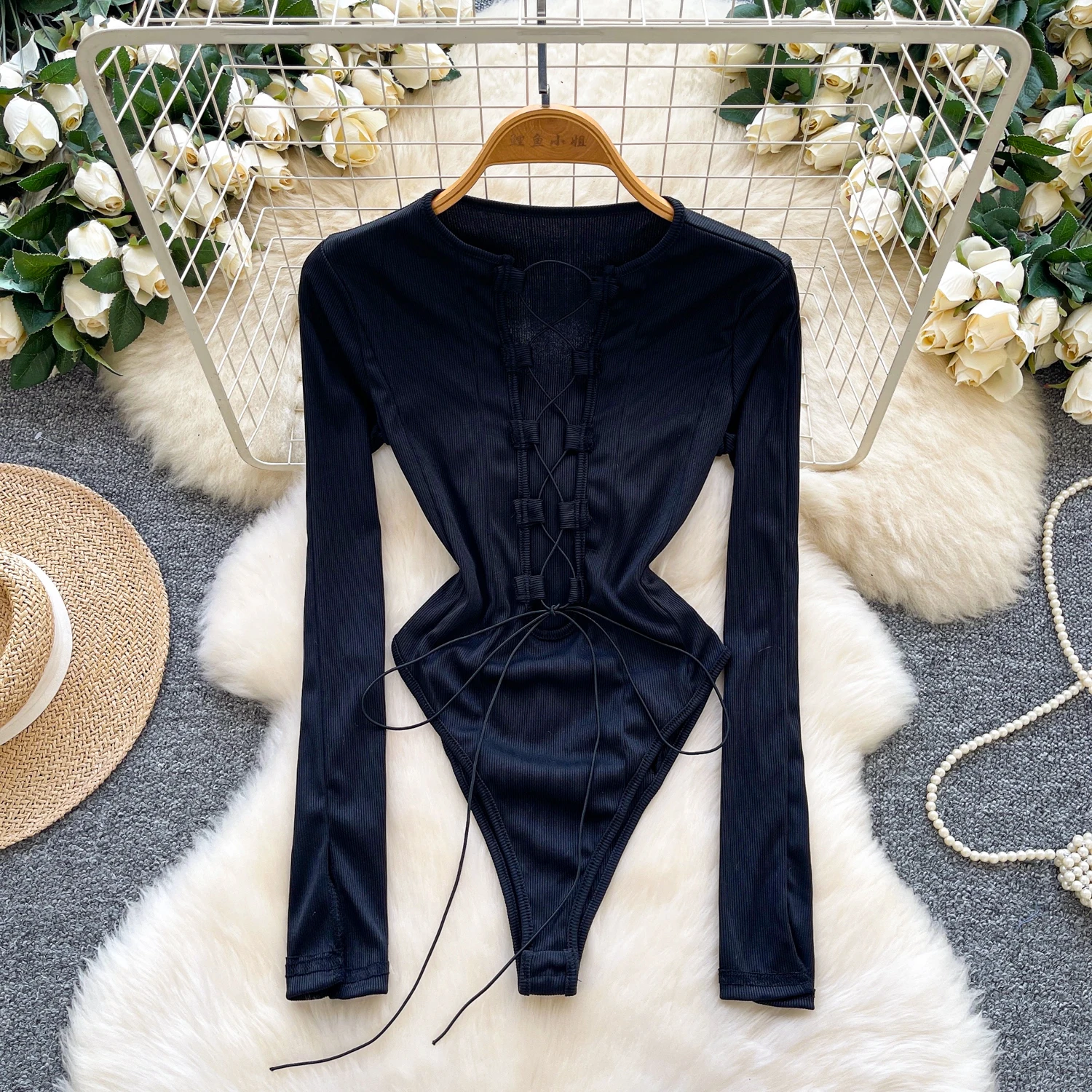 sexy Draw String hollow out long sleeve Vintage Straps Bodysuits Jumpsuits Top Hotsweet  women clothing