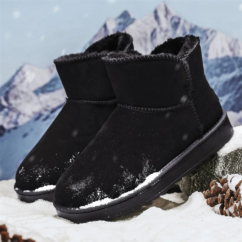 New style men's minimalist flat-soled ankle snow boots: fleece-lined, thickened, warm and non-slip