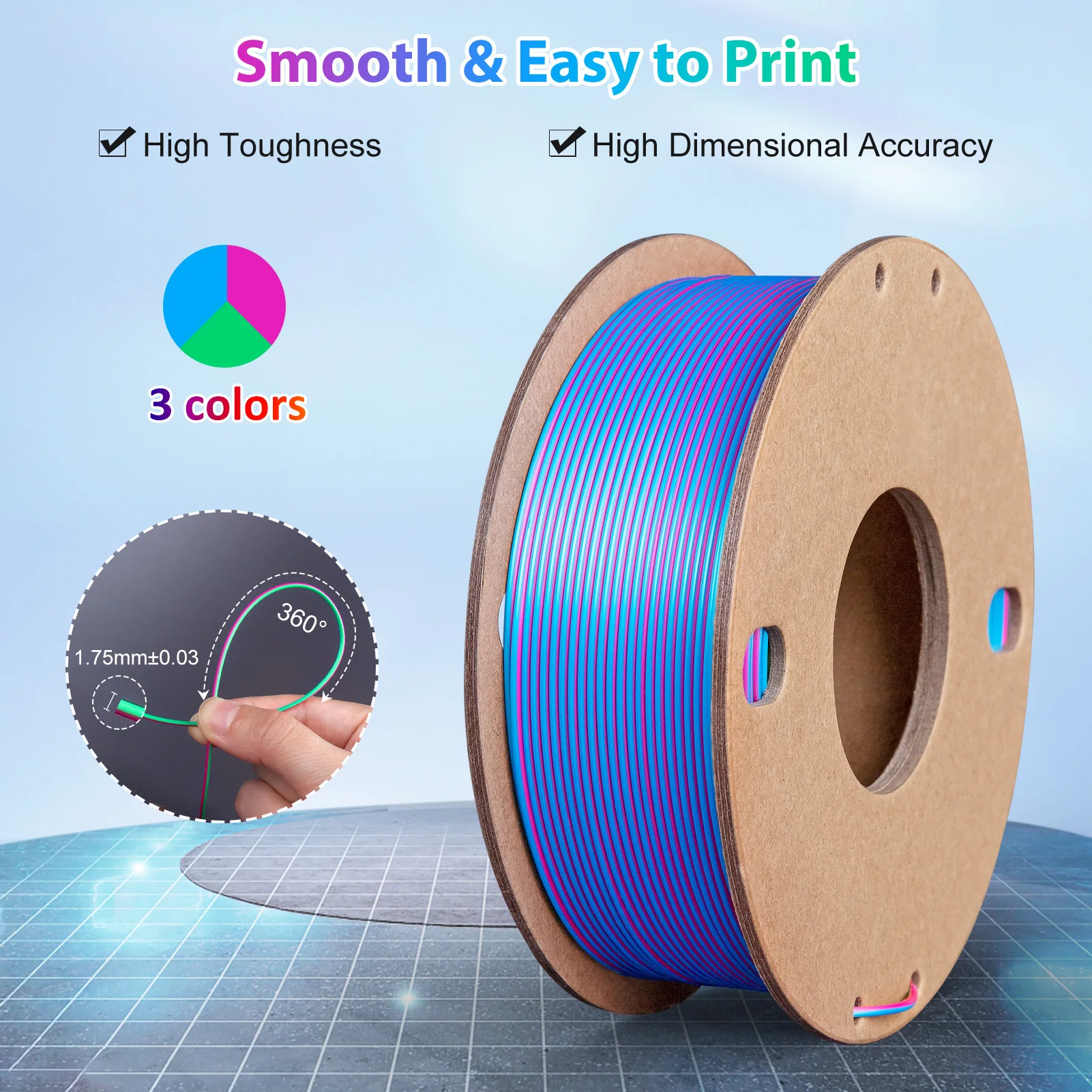 Silk PLA 3D Printer Filament 250g 3 Color in1 1.75mm Silk PLA 3D Printing Filament Fit Most FDM Printer Rose Red Sky Blue Green