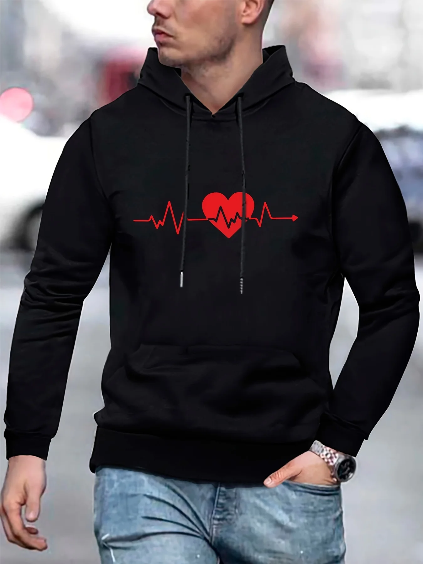 Casual Slightly Stretch Breathable Hooded Sweatshirt For Fall Winter Outdoor Men's Cardiogram Graphic Hoodie,