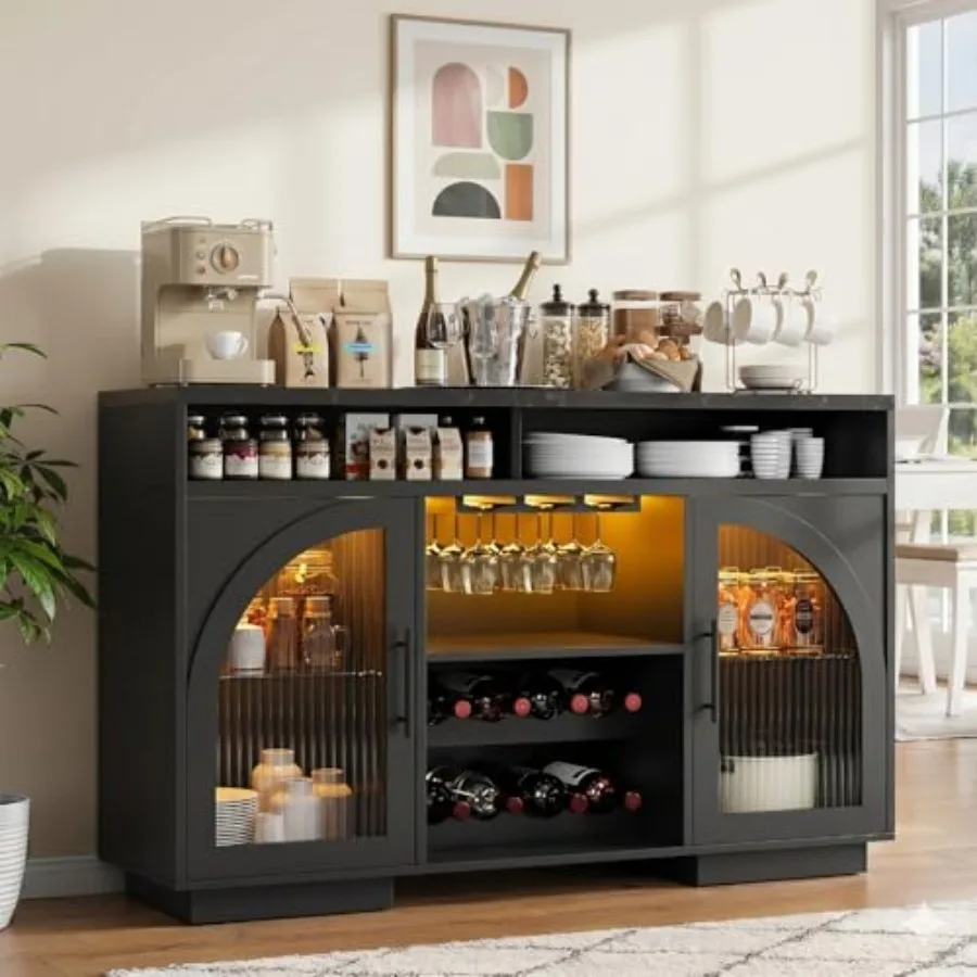 

Wine Bar Cabinet 54", Coffee Bar Cabinet with LED Lights, Arched Glass Doors, Wine Rack, Adjustable Shelves, Sideboard Buffet C