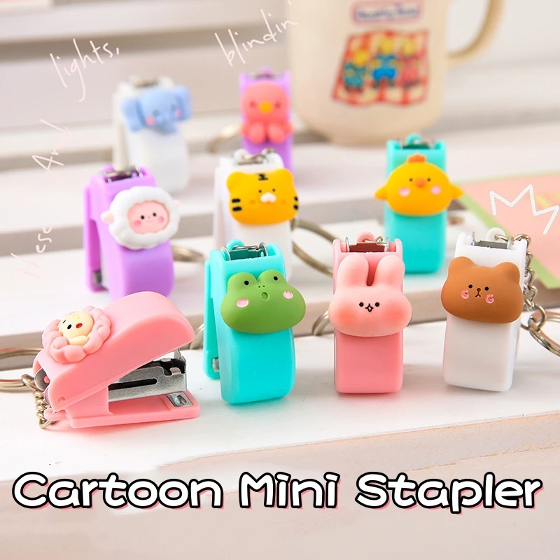 

Mini Stapler Cute Cartoon Animal Designs Portable Book Binding Tools Stapler with Keychains Students School Stationery Supplies