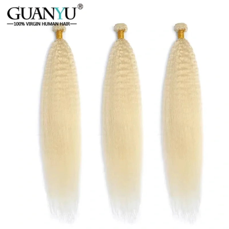 #613 Blonde Kinky Straight Hair Bundles with Frontal Brazilian 100% Human Hair Weave 3 Bundles with Lace Frontal 13x4 KKS