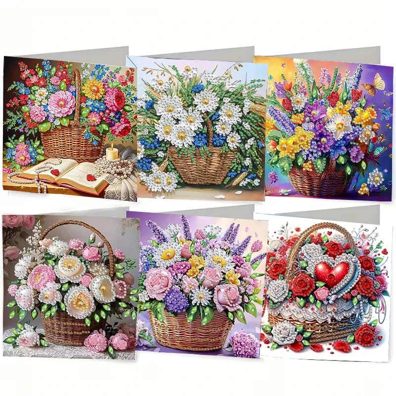 6-delig/set DIY diamant schilderij verjaardagskaartenset, met unieke bloem, vogel en patroonontwerpen, strass diamantverf