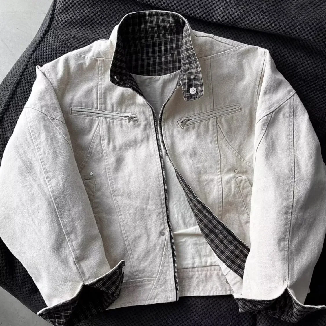 Splicing Stand-up Collar Jacket Men's Winter Retro Plaid Baseball Jacket