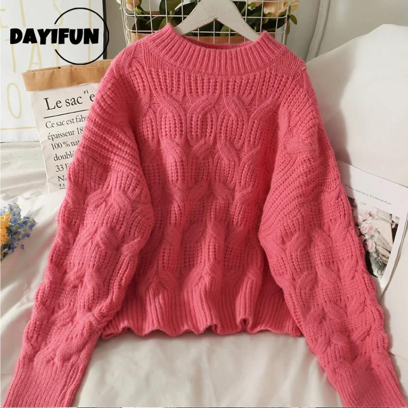 DAYIFUN Sweater Women's Round Neck Solid Color Linen Pattern Knitted Pullovers 2022 Autumn Winter Lady Loose Knit Jumpers Tops