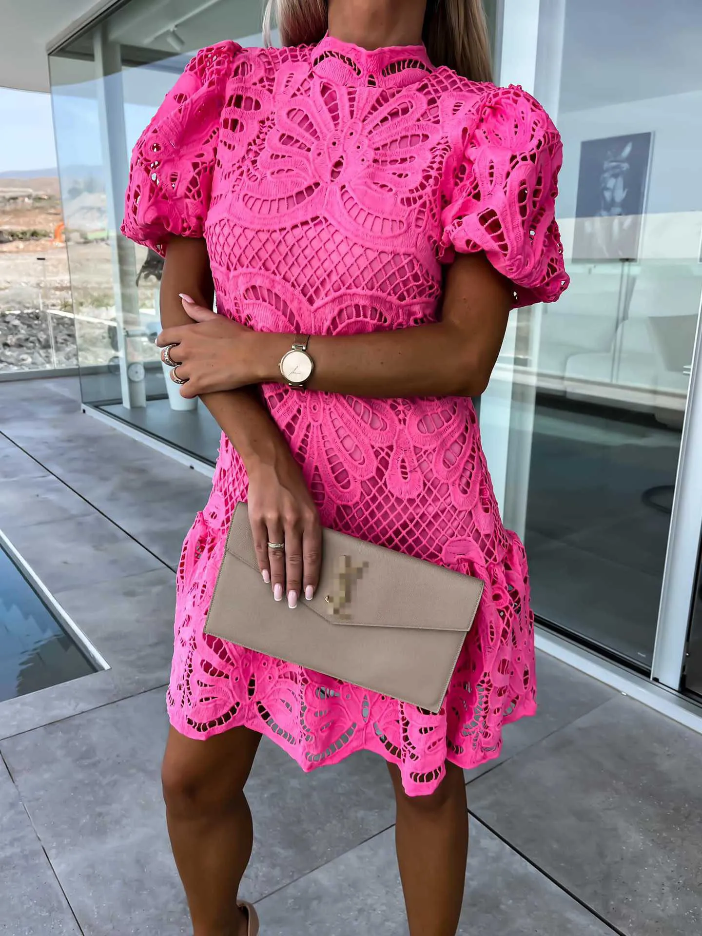 

Fashion Embroidered Summer Lace Party Mini Dress Women's Elegant Retro Hollow Round Collar Ball Dress Women's Casual Clothing