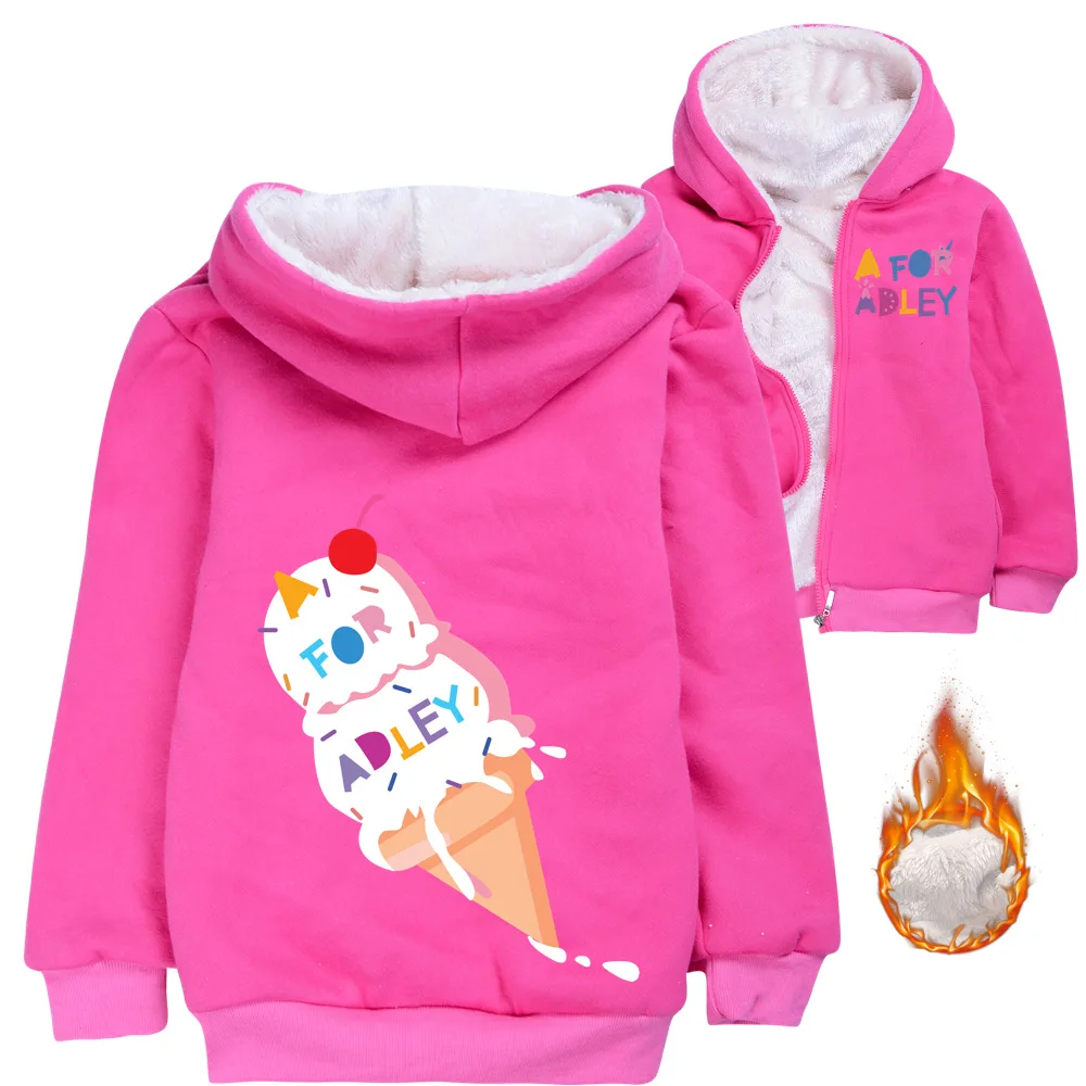 New A for Adley Winter fleece Jackets Kids Hooded Warm Jacket Zipper Windbreaker For Boys And Girls Cartoon Long Sleeve Coat