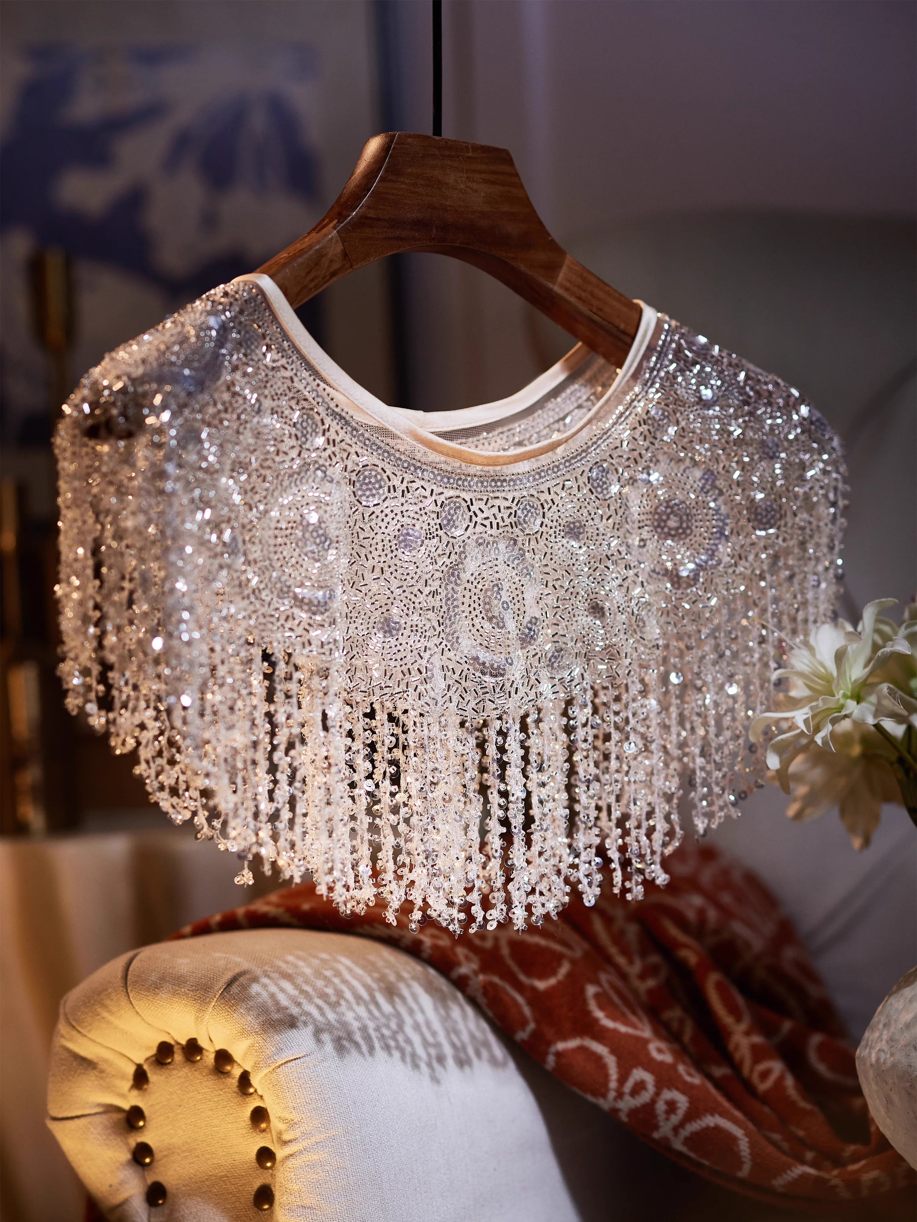 Women's Shiny Silver Beaded Luxury Mesh Tassel Pashmina Female Spring Autumn Vintage  Shawl Cloak Collar R2343