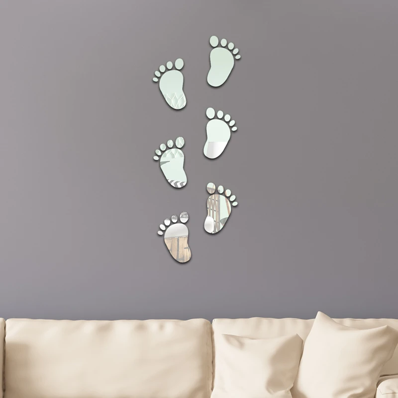 6pcs/set Self Adhesive Mirror footprint Wall Sticker Acrylic DIY Removable Mirror Wallpaper Home Room Bedroom 3D Wall Decor