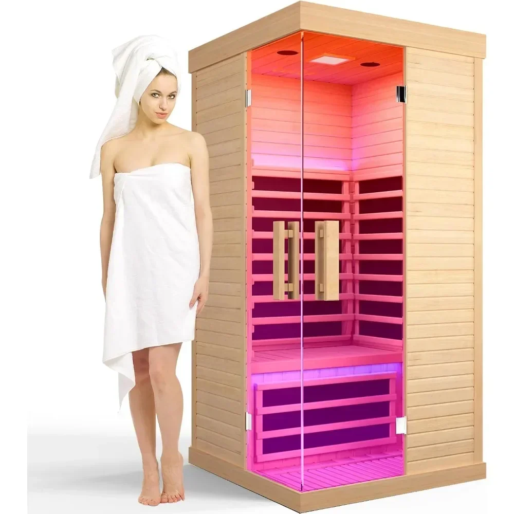 Far Infrared Saunas for Home Indoor Room 1 Person Wood Canadian Hemlock 1420W Low-EMF Dry Sauna with Oxygen Bar,Saunas