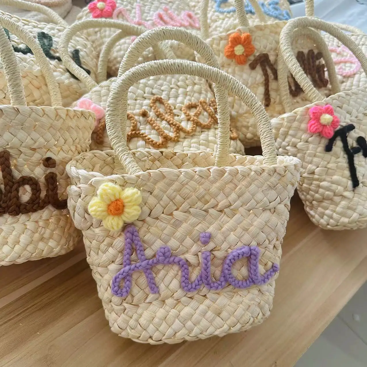 Custom Name Straw Beach Tote Bags For Women Luxury Designer Handbags Personalized  Purses Handmade Weave bag for Flower Girl