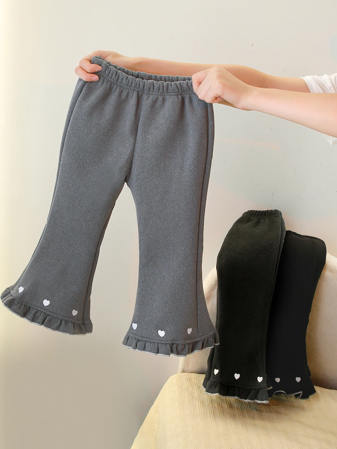 

Удобные кружевные брюки с вышивкой в виде сердца, расклешенные корейские детские тонкие повседневные длинные брюки-клеш с микро-клеш