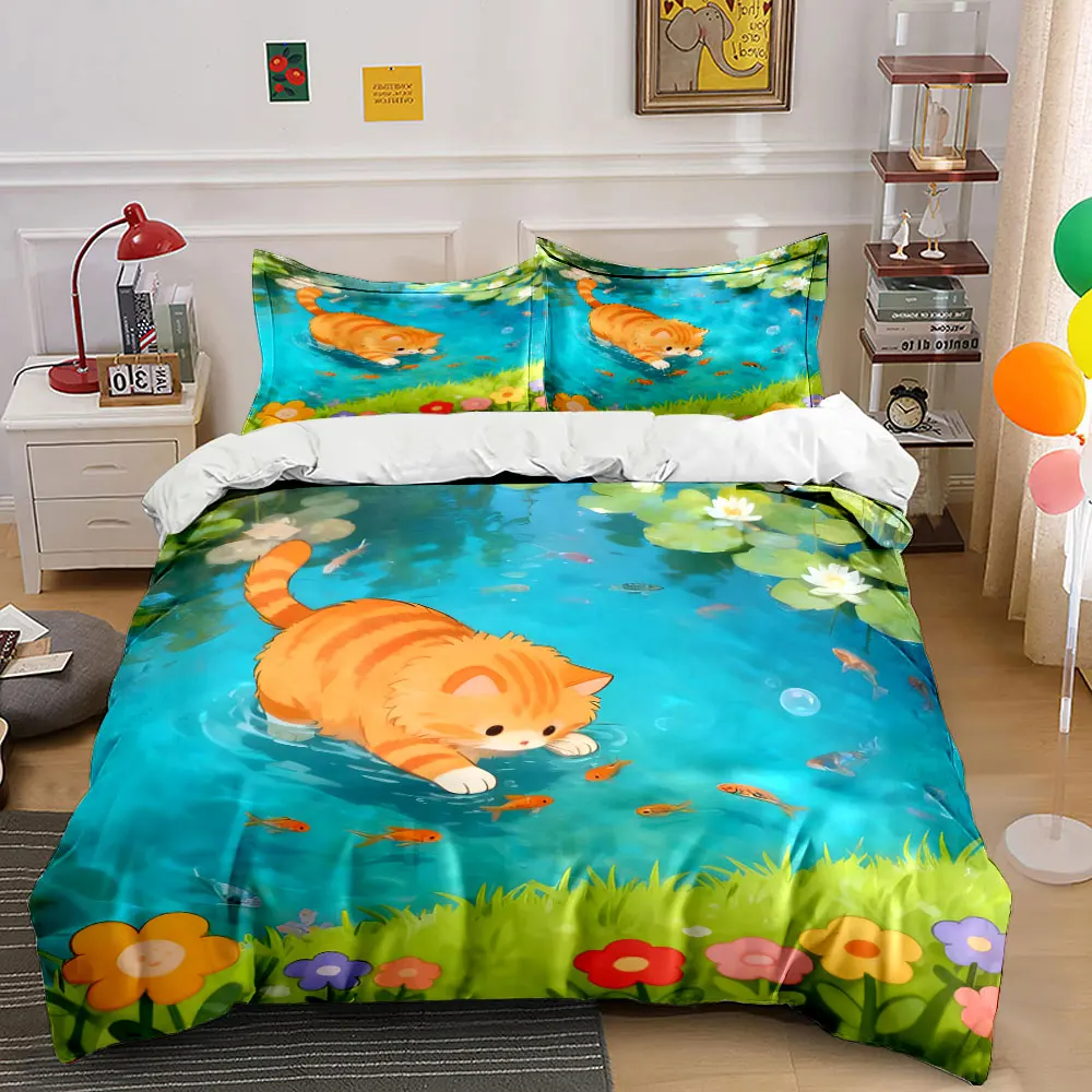 

Cat catching fish in the water Print Bedding Set 1 Duvet Cover 2 Pillowcases for Adult and Children Luxury Gift Full Size
