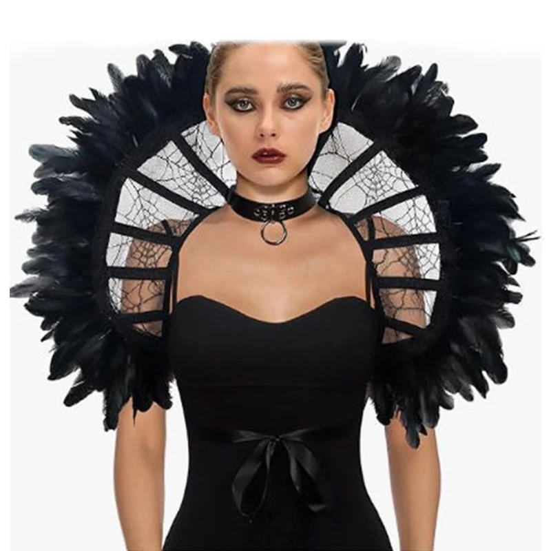 

Retro Medieval Feather Lace Cloak Gothic Renaissance Stand Collar Cape Vampire Witch Dress Up Carnival Party Halloween Cosplay