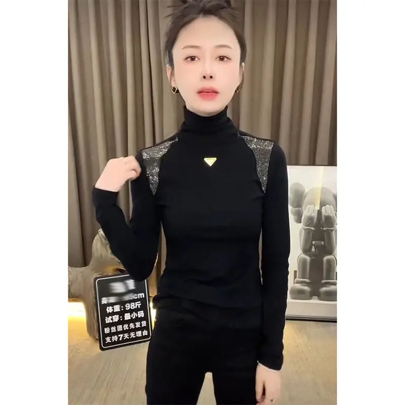 Women Clothing Autumn Winter Korean Fashion Diamonds High Collar Basic T-shirt Elegant Chic Black Long Sleeve Slim Pullover Tops