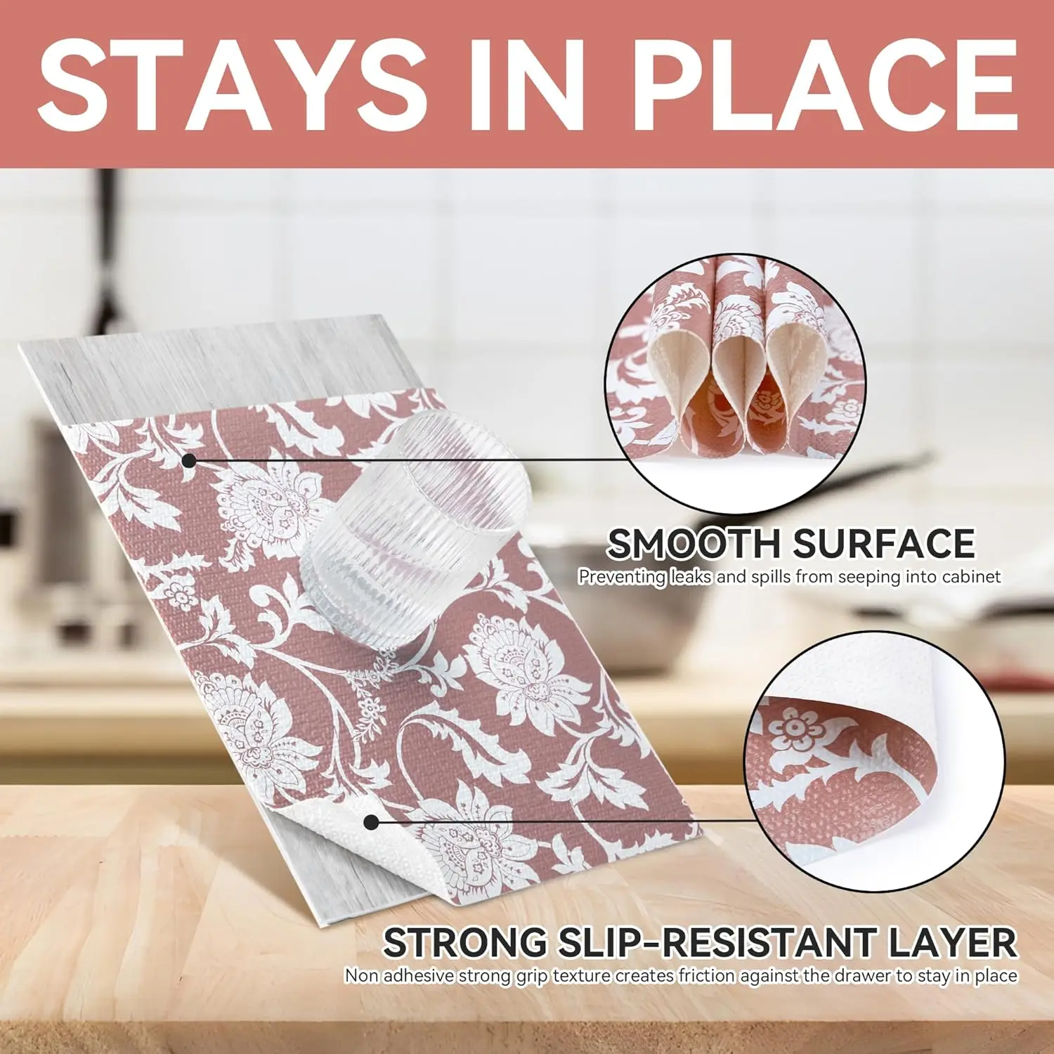 

Ray Star Shelf Liner, Non Adhesive Pink Floral Kitchen Cabinet Liner For Pantry Drawer Vanity, Strong Grip Non Slip, Shelf