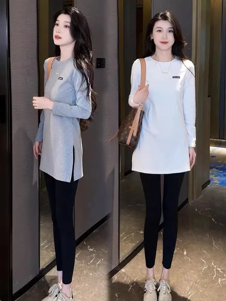 

Faionable round Ne Slit Long Sve Midi Slimming irt Women's Casual Spring T-irt Age Reduction Trendy European Sle