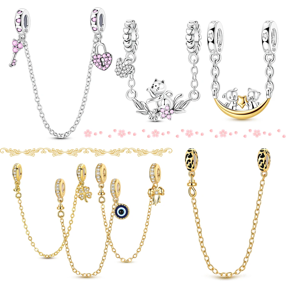 

Unique 925 Sterling Silver Kitten Love Key Clover Bow Leopard Pattern Safety Chain Fit DIY Bracelet Necklace Protective Gifts