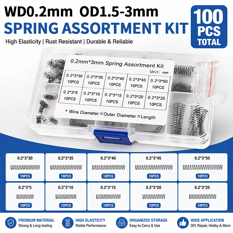 10 Sizes/100 Pieces WD:0.2mm OD:1.5-3mm Spiral Compression Spring 65Mn/304SUS  Precision Return Small Spring Set