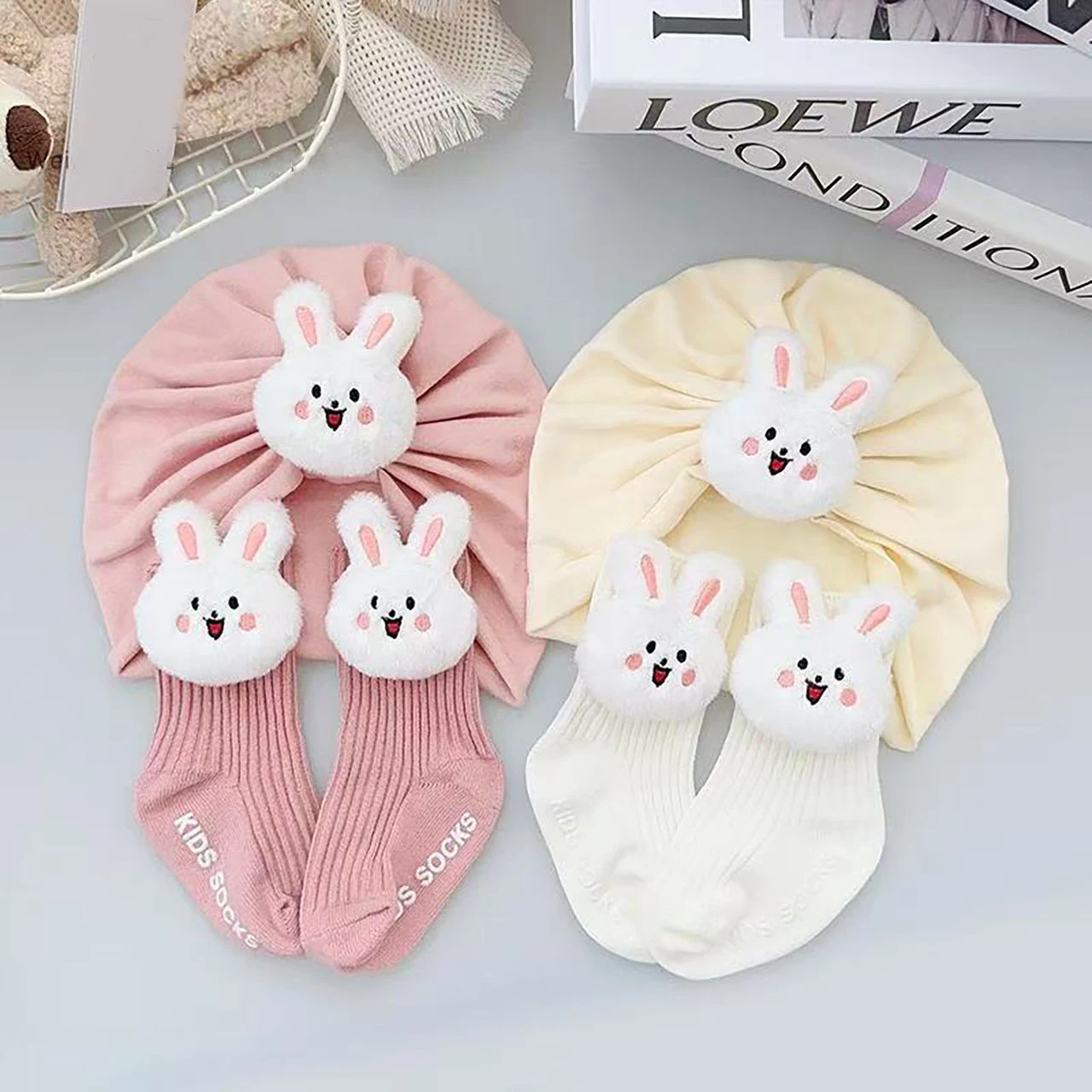 

Cute Rabbit Turban Cap Socks Set Baby Indian Hat Cartoon Newborn Headscarf Hat Anti Slip Toddler Long Sock 0-1Year Kids Beanies