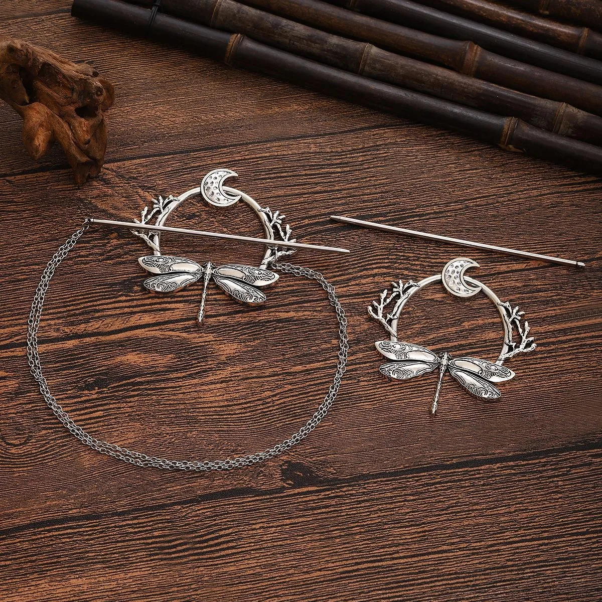 1 Stück Mode Vintage Silber Libelle Mond Natur inspiriert Witchy Boho Design perfekt für Gothic Bohemian Folk Style Frisuren – Detail 1