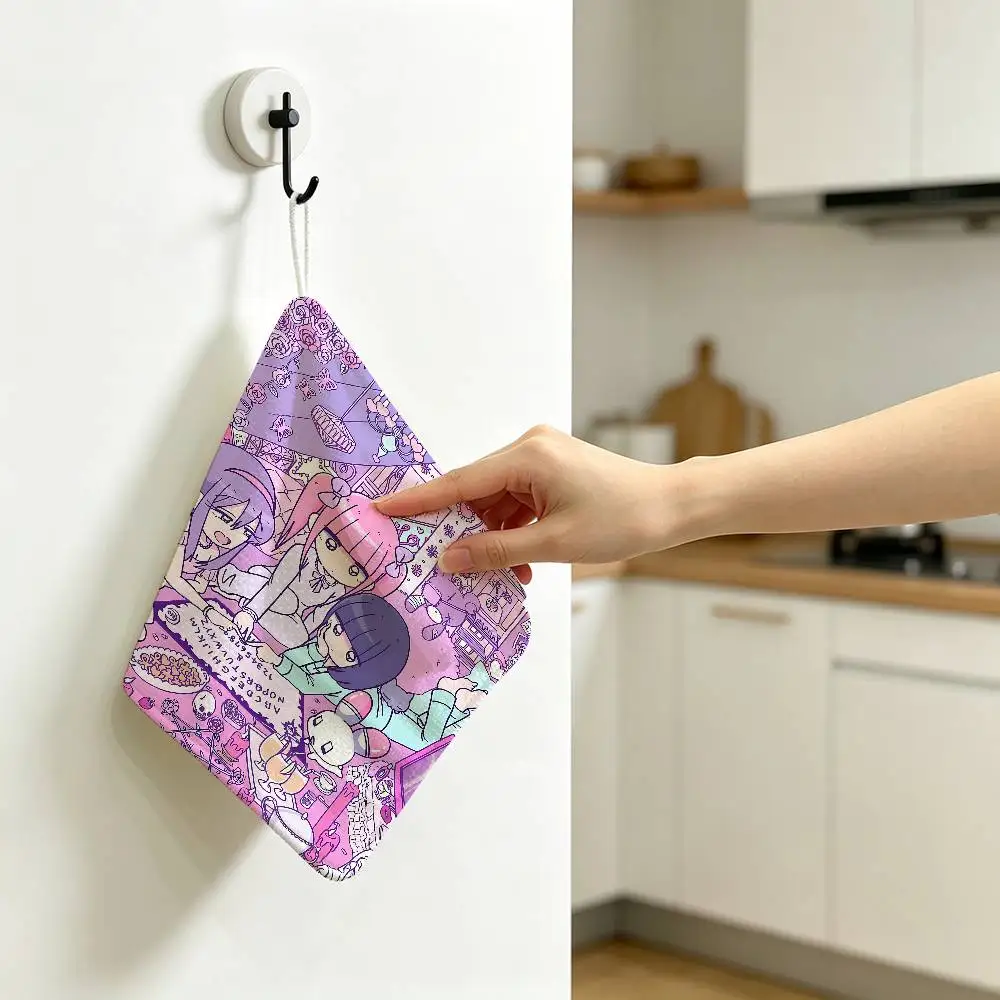 Cartoon Menhera C-Chan Polyester Cotton Hanging Kitchen Towel, Skin Friendly Hand Wiping Towel for Hotel Cafe Household