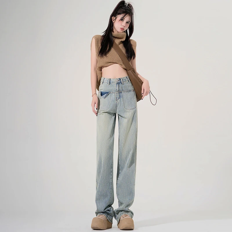 American Retro Blue Boyfriend Baggy Jeans For Women High Waist Casual Wide Leg Pants Femme Full Length Denim Trousers Summer Y2k