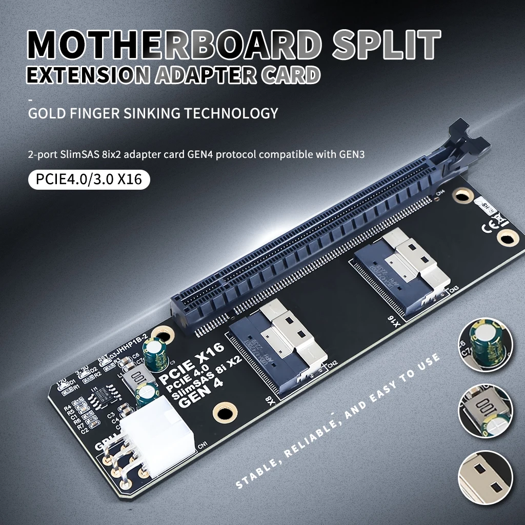 

Upgraded Version 2-port SlimSAS 8ix2 Adapter Card GEN4 GEN3 Protocol PCIE 4.0/3.0 X16 Motherboard Split Extension Adapter Card
