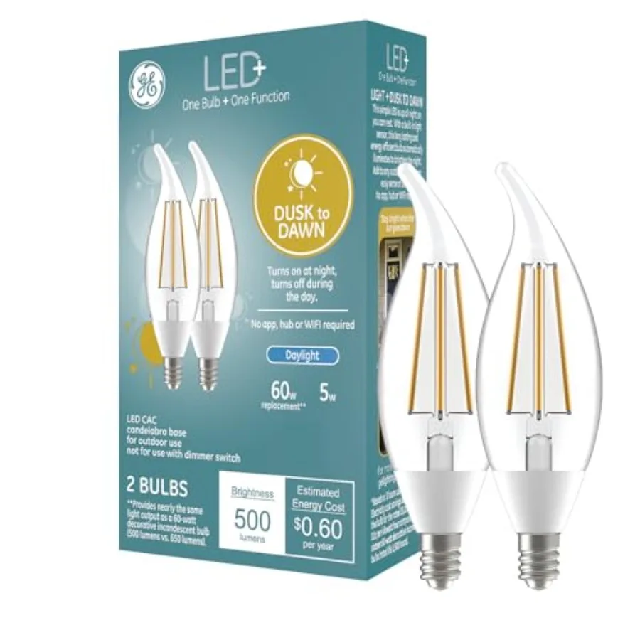 LED+ CA11 Dusk to Dawn LED Light Bulbs, Automatic On/Off Outdoor Security Lights,,E12 Candelabra Base 2 Pack