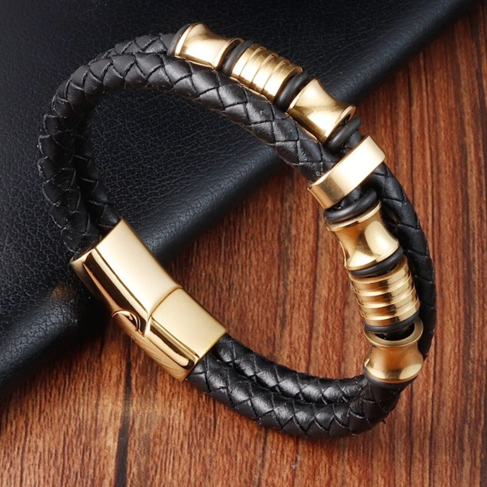 Doppelschichtige schwarze echtes Leder gewebte Armbänder Edelstahl Männer personalisierte High-End-Armreifen Modeschmuck – Detail 2
